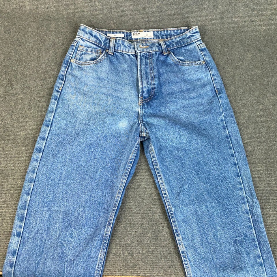 Bershka Mum Jeans Womens Size 26 Blue Wash Out Denim Tapered High Waist Vintage