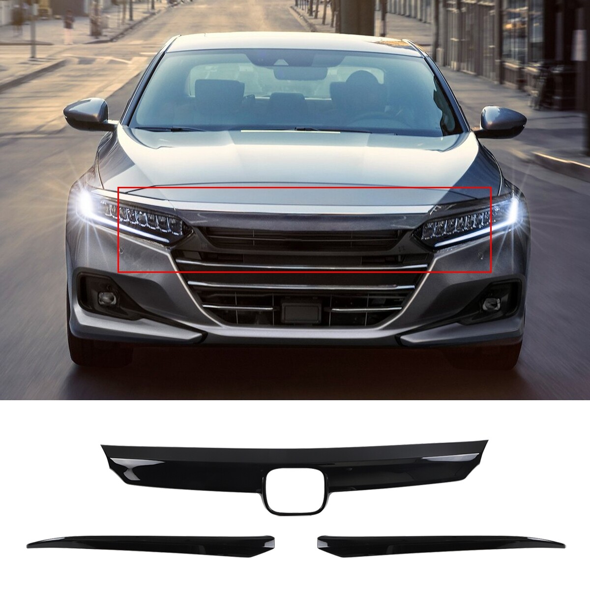 Gloss Black Hood Grille Cover Trim Set For 2021-2022 Honda Accord – 3-Piece Self-Adhesive Kit