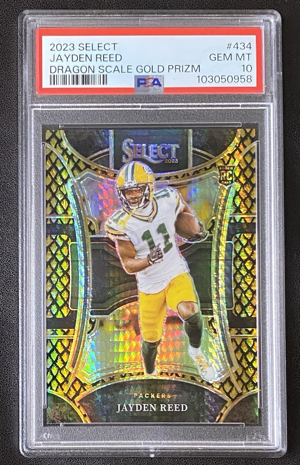2023 Panini Select #434 Jayden Reed ROOKIE Dragon Scale Gold Prizm /10 PSA 10