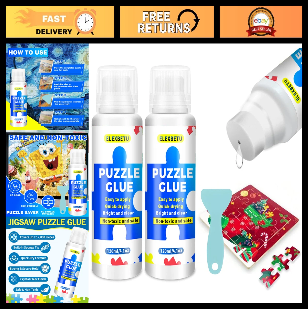 Pegamento Para Puzzles De 120 Ml – Adhesivo Transparente Con Aplicador De Esponja, Secado Rápido