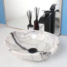 KEMAIDI Oval Vessel Sink with Faucet White Marbling Bathroom Vessel Sinks above 