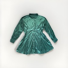 Fashion Nova Woman Satin Dress 1X Green Long Sleeve Boutton Front Flowy