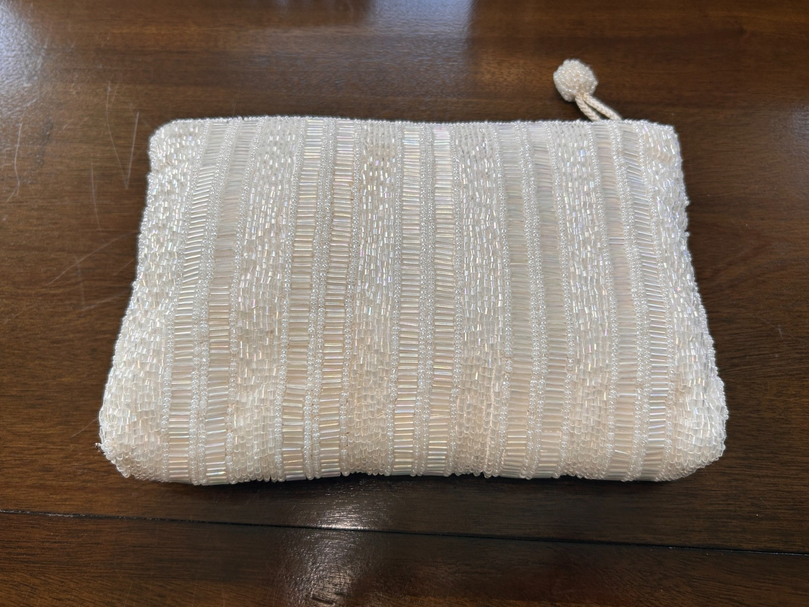 White~Beaded~Evening Clutch~Horizontal Iridescent Seed Beads image 2