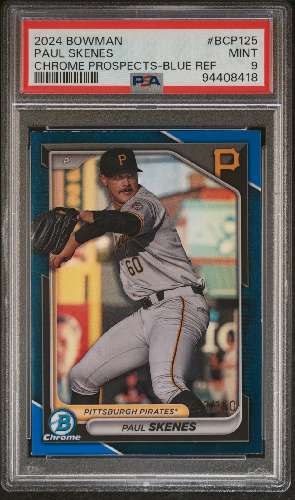 2024 BOWMAN CHROME PROSPECTS BLUE REFRACTOR #BCP125 PAUL SKENES 33/150 PSA 9