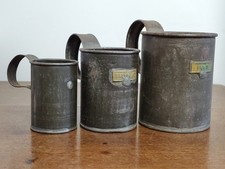 Vintage Metal Measuring Cups&ndash; Set of 3 with Brass Labels, Rustic Patina
