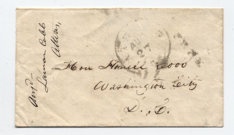 1850s Athens GA stampless cover to Howell Cobb black CDS and free [7082.23]