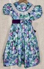 Vtg 90s Jayne Copeland Girls Floral Print Party Dress Puff Sleeve Size 6 Flower