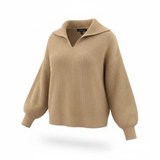 Banana Rep Ribbed Balloon Sleeve Johnny Collar Sweater Tan SM Oversized Chunky