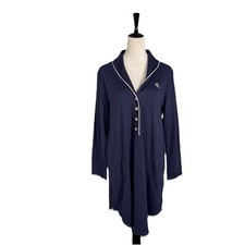 Ralph Lauren LRL Women Home Dress Robe Navy Blue Long Sleeve Logo V Neck Large