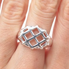 925 Sterling Silver Vintage Modernist Cage Pattern Ring Size 10