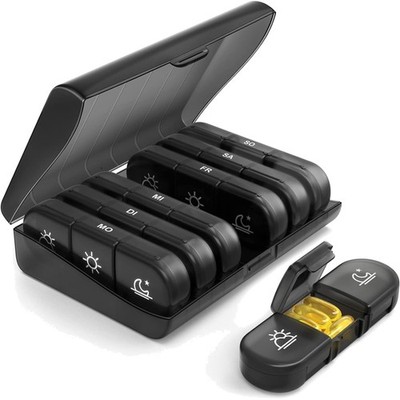 Pillenbox 7 Tage Tablettenbox Medikamentenorganizer große Fächer Schwarz