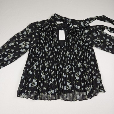 MNG Mango Pleated Floral Blouse Womens 6 Relaxed Necktie Black Cottage Romantic