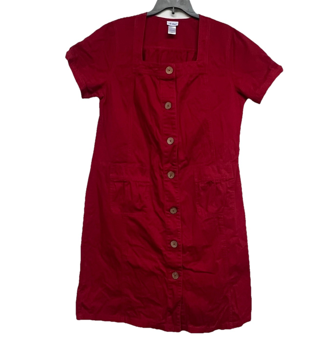 Vicki Wayne Red Cotton Shirt Dress Button Down Pockets Button Up Square Collar L