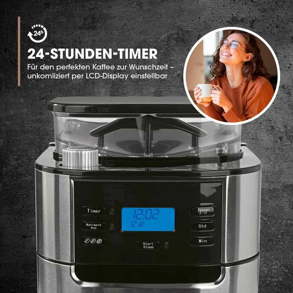 Barista Kaffeemaschine Mahlwerk 900W Edelstahl/Schwarz 12 Tassen Permanentfilter - Bild 4 von 4