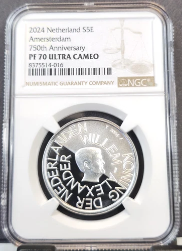 2024 NETHERLANDS SILVER 5 EURO AMSTERDAM ANNIVERSARY NGC PF 70 ULTRA CAMEO RARE