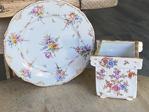 Antique Porcelain Dresden Flower 3" Cache Pot Helena Wolfsohn Plate 6" succulent - Picture 19 of 21