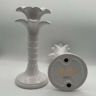 10  Pair Lilly Pulitzer Candlesticks White Palm Tree 2 Ceramic Designer Hostess