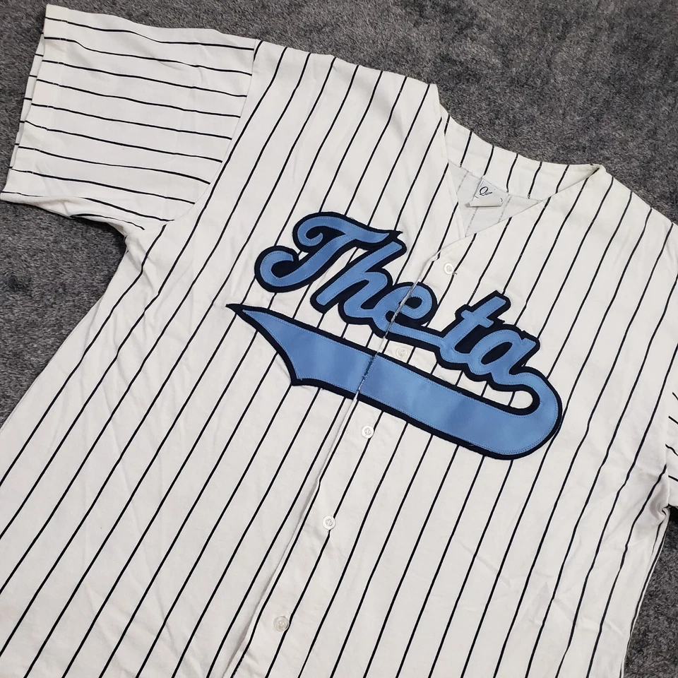 Camiseta de béisbol Theta Fraternity adulto XL blanca azul algodón a rayas hecha en EE. UU. Foto 3 de 4