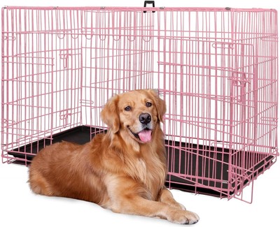 Dog Crate for Large Dogs 48 Inch Double-Door Folding Metal Handle Pink