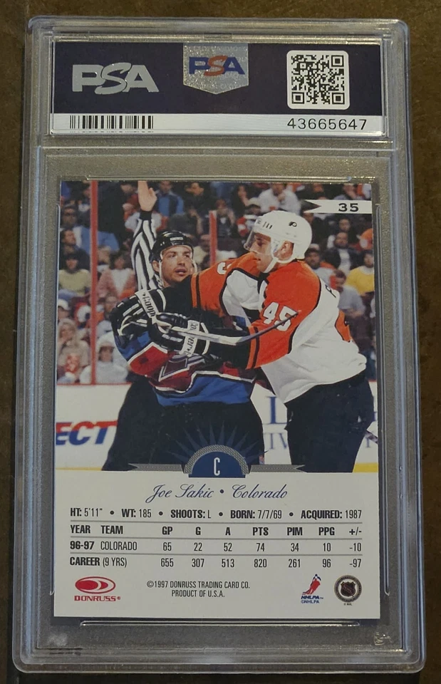 1997 Leaf #35 Joe Sakic Hockey card PSA 10 Gem Mint! Colorado Avalanche! HOF! - Image 2 of 2