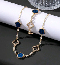 Gold Tone Blue Clover Necklace Bracelet Jewelry Set, Zinc Alloy/Iron