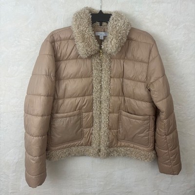 Ann Taylor Weekend Collection Cafe Au Lait Sherpa Trim Puffer Jacket Sz M Zipper
