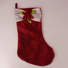 Red Christmas Stocking with Poinsettia & White Ruffle Cuff Holiday Decor 17.5"