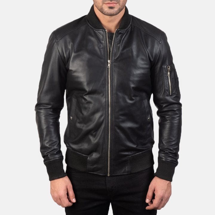 Chaqueta de bombardero de cuero de cordero real negra para hombre -...