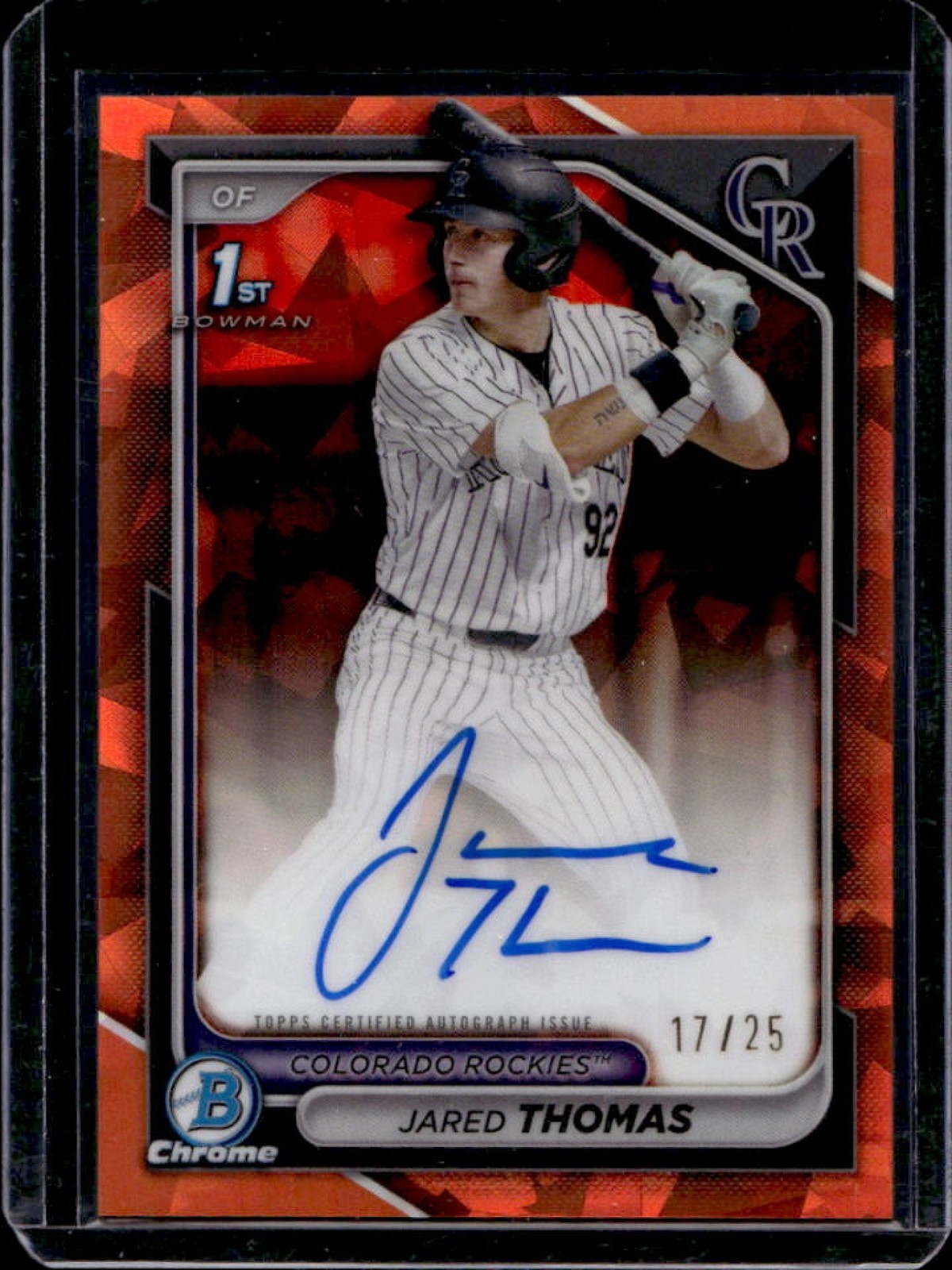 2024 Bowman Draft Sapphire Jared Thomas Chrome Auto Orange 1st #/25 Rockies