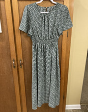 SHEIN Green White Floral Smocked A-Line Midi Dress Crew Neck Size L