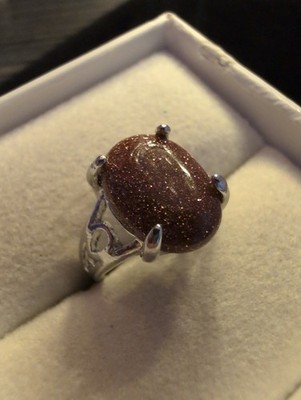 Sterling 925 Star-studded Goldstone Cabochon Ring Size 5.5
