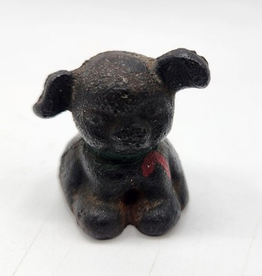 Vtg Cast Iron Puppy Figurine Hubley? Dog Red Bow Green Collar Paperweight Figure