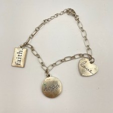 Vintage 90s Silver Charm Bracelet Faith Hope Love Paperclip Chain Dainty Jewelry