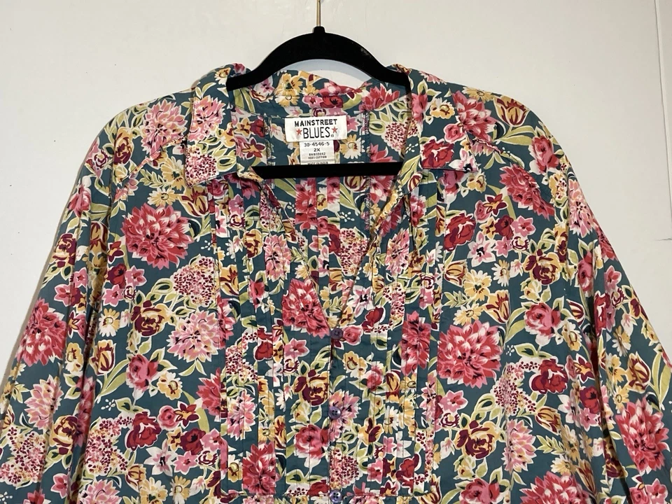 Top vintage Main Street Blues floral con botones talla grande 2X Cottagecore Spring Foto 3 de 4