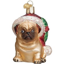 Old World Christmas Glass Blown Ornament, Holly Hat Pug With OWC Gift Box