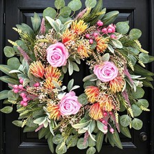 24 Inch Wreath for Front Door Spring Wreath with Purely Handmade Roses, Rose ...