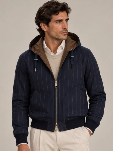 KITON KIRED "Barwa" Navy Chalkstripe Reversible Hooded Bomber Jacket - product listing photo