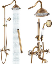 Antique Brass Shower System Set 8 Inch Rain Shower Head Tub Spout Combo Kit