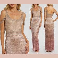 NWT Mac Duggal [ 4 ] 6032 Scoop Neck Embellished Fringe Gown Pink Ombre S2024
