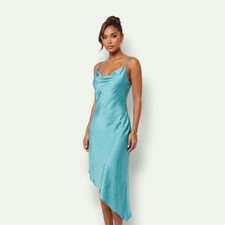 Forever 21 L Slip Dress Teal Satin Cowl Neck Asymmetric Strappy Midi
