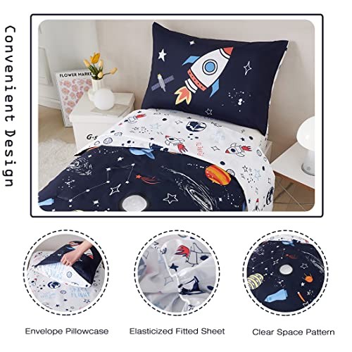 Twin Comforter Set 4 Piece Kids Space Rockets Twin(4 pcs) Dark Blue Space - Picture 5 of 7
