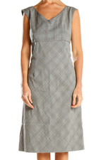 Ann Taylor Gray Plaid Sleeveless V-Neck Midi Dress ~ Size 12