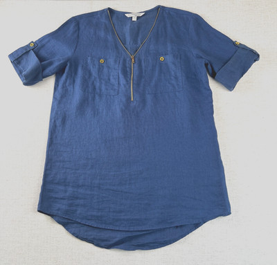 Ellen Tracy Co. Linen Blouse Navy  Roll-Up Sleeves & Gold Zipper Size Small