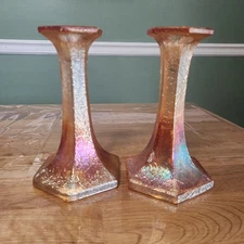 Pair Vintage Jeanette Marigold Carnival Glass Iridescent 7" Candlestick