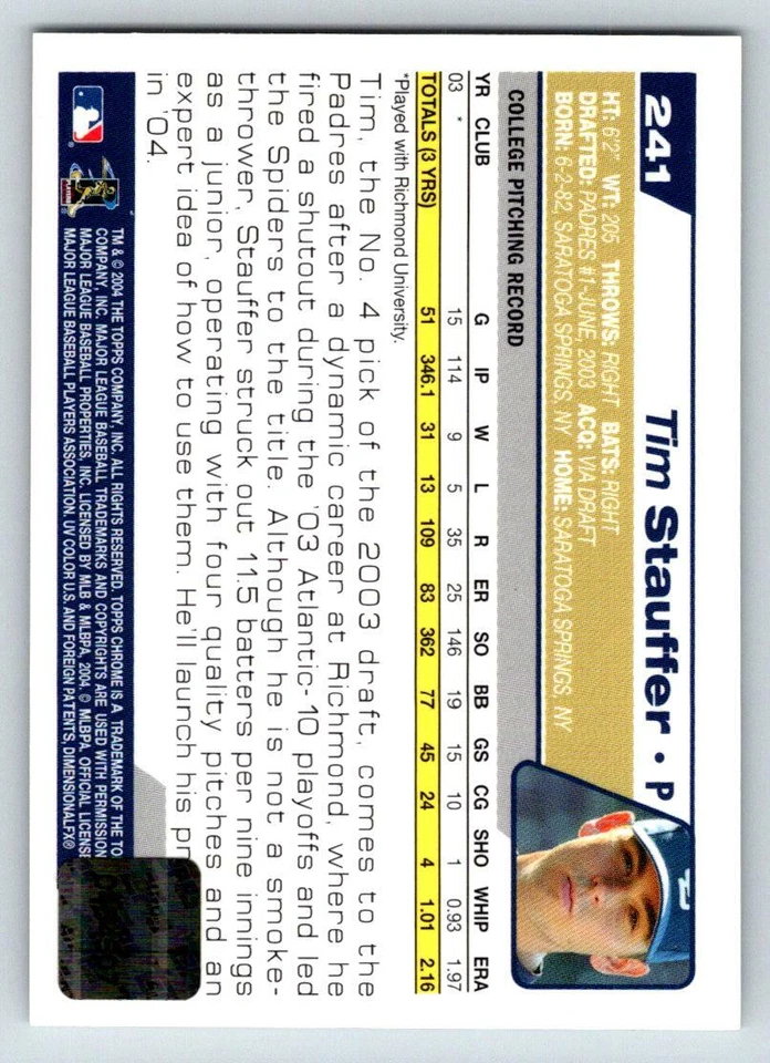 2004 Topps Chrome #241 Tim Stauffer FY AU RC (ref 210312) - Image 2 of 2