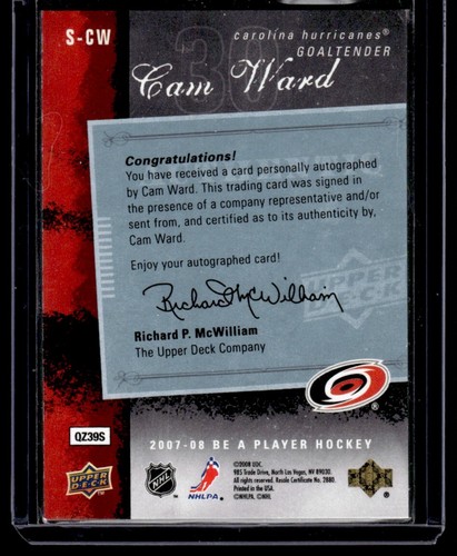 2007-08 Upper Deck Be a Player Signatures Cam Ward Auto Carolina Hurricanes - Picture 2 of 2