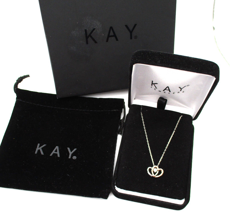Kay's 10K White & Rose Gold 26 Diamond Double Heart Pendant Necklace 18" Box