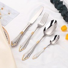 24-Piece Luxury Flatware Set Silver Color with Gold Accents 304 Stainless Steel