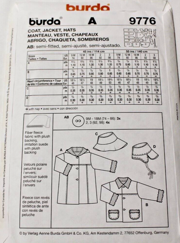 Burda 9776 Girls Boys Toddler Jacket & Hat 9M-12M-18M-2-3 Sewing Pattern OOP - Picture 2 of 2