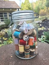 Vintage Natura Italy Round Glass Jar - and Old Wood Sewing Thread Spools